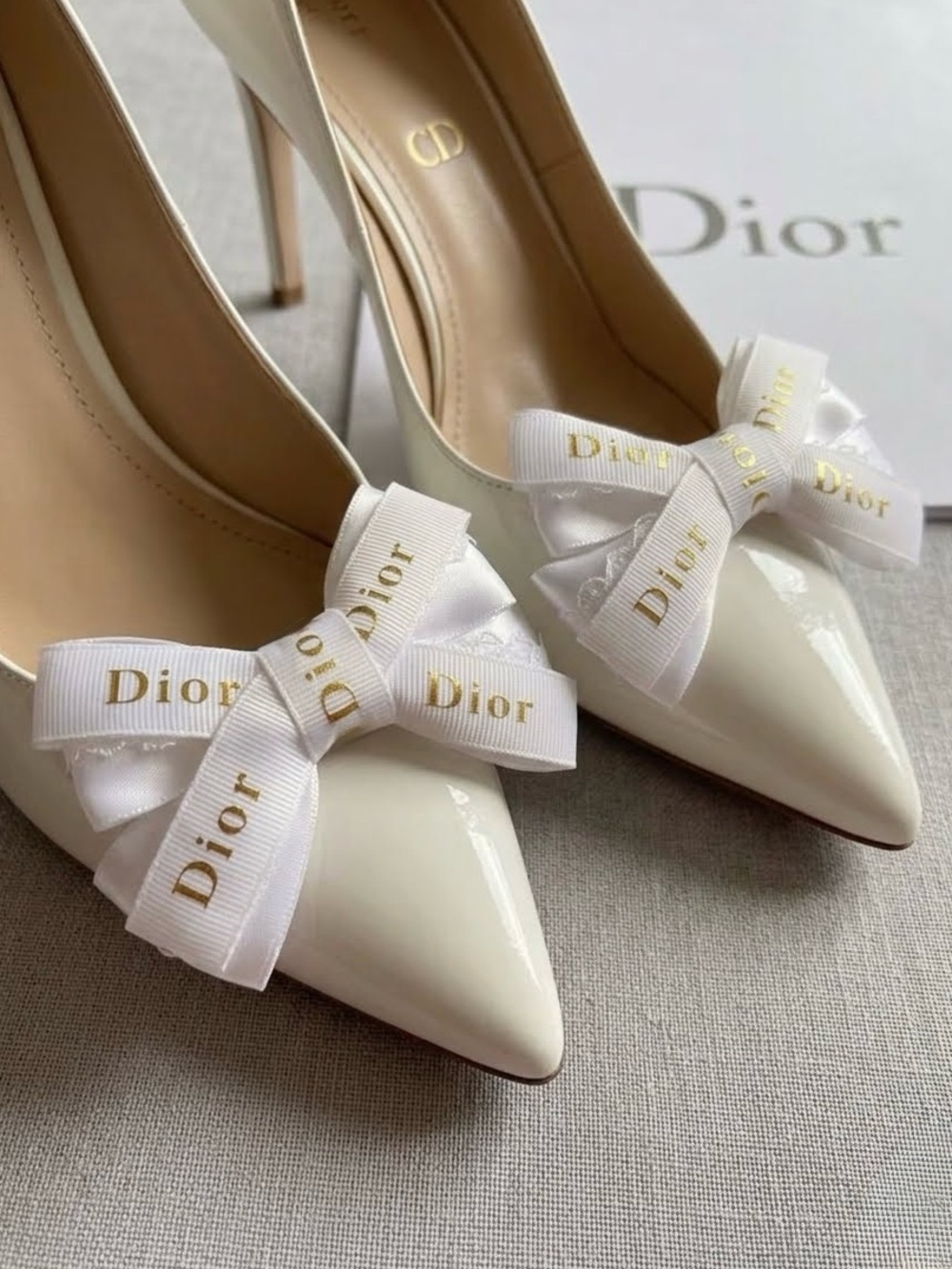 Dior White Ribbon Handmade Bow Shoe Clips with Gold Logo